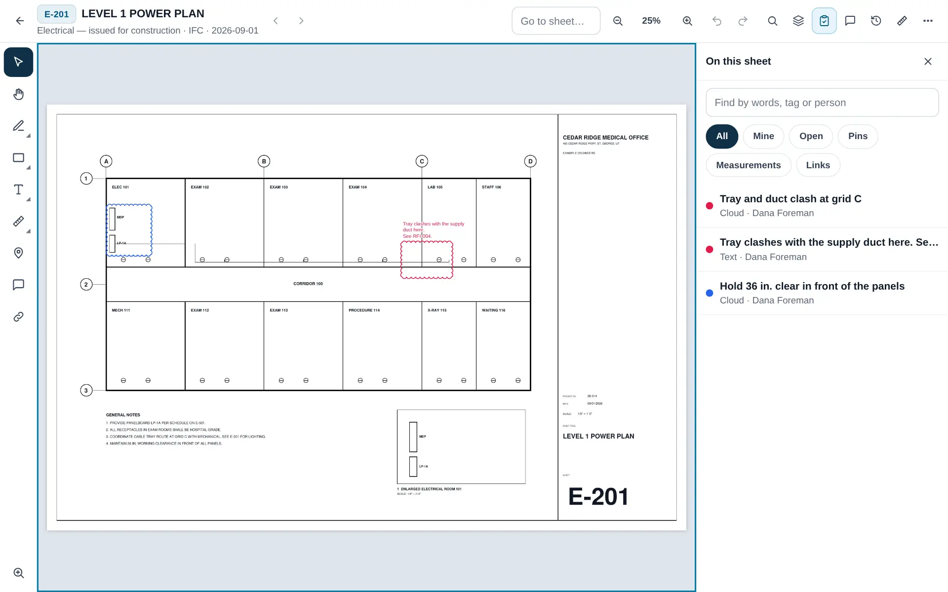 A drawing sheet open in the plan viewer with the markup tools down the left side, markups and a pin on the sheet, and the list of markups in a panel on the right.