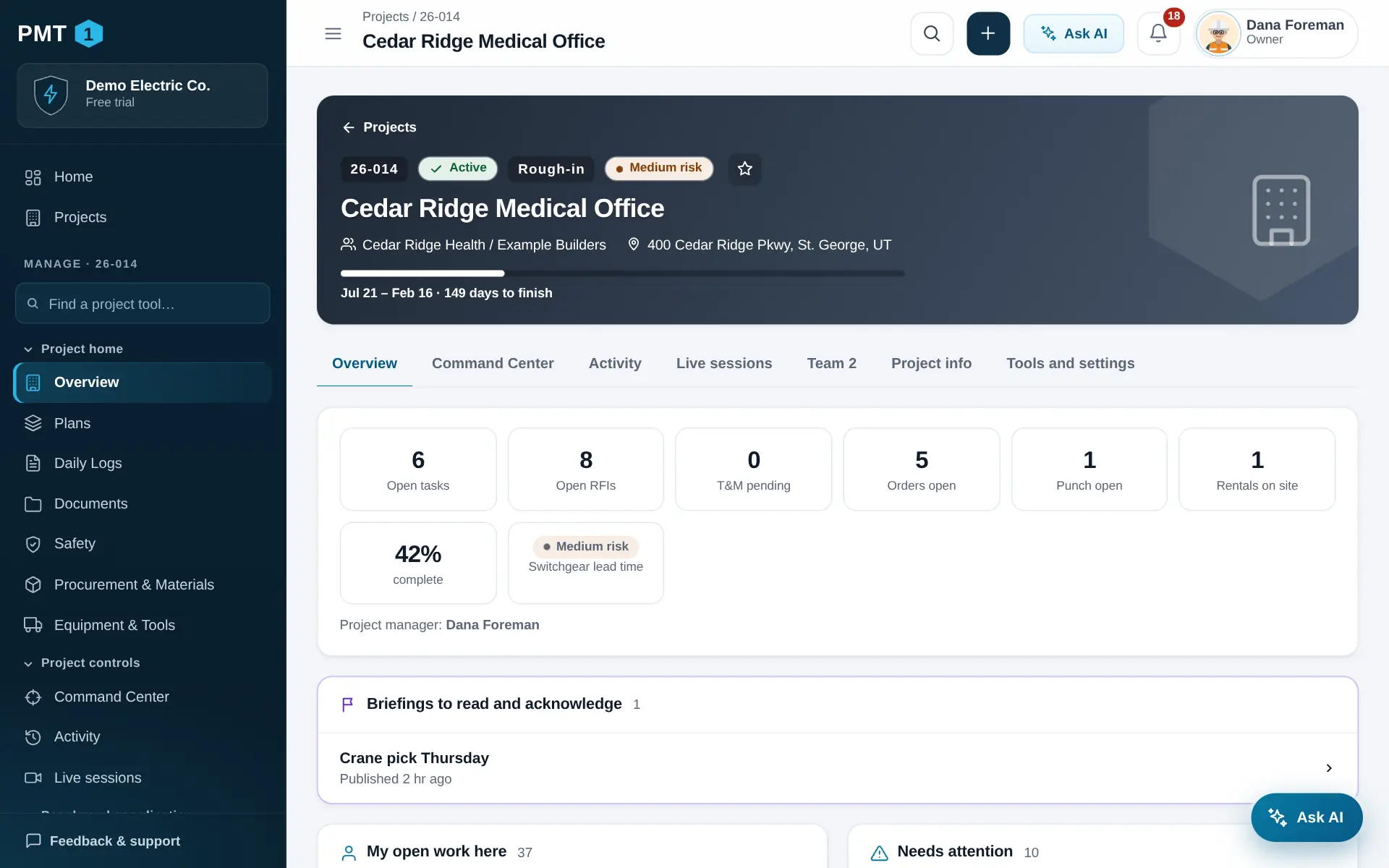 Project overview for a sample medical office job: a banner with the job number, status, customer, address and how far through its dates the project is; counts of open tasks, RFIs, T&M tickets, orders, punch items and rentals; and this week’s activities.