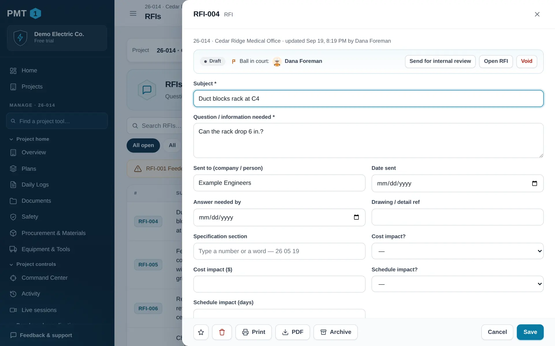 RFI-001 open in the record panel: subject, question, who it was sent to, date sent, answer needed by, status, drawing reference and cost or schedule impact, with Print and Save buttons.